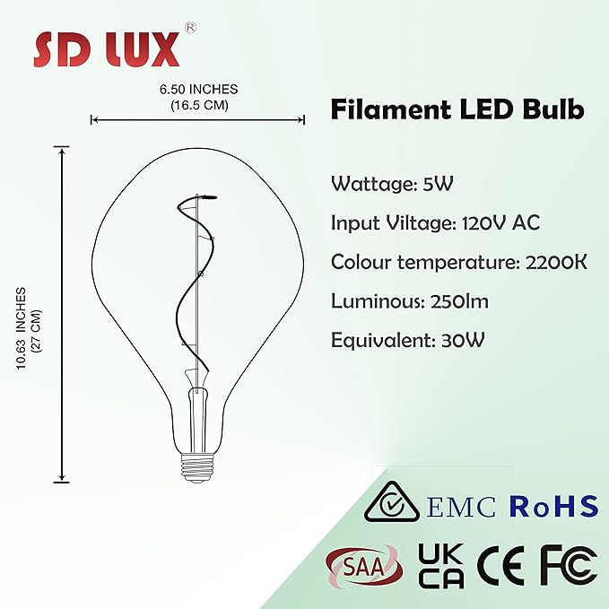 SD LUX Oversized Vintage Giant LED Light Bulb Huge Edison Bulb - Dimmable, 5W 250LM, Warm White 2200K, Medium E26 Base - Perfect for Decorative Pendant Lighting, 1 Pack (A165)