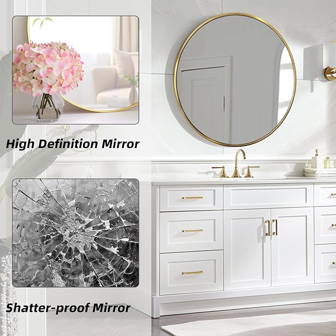 Gold Round Mirror, 24 Inch Gold Circle Mirror, Metal Frame Round Wall Mounted Mirrors for Bathroom, Living Room, Bedroom, Entryway, Vanity, Golden, Brass