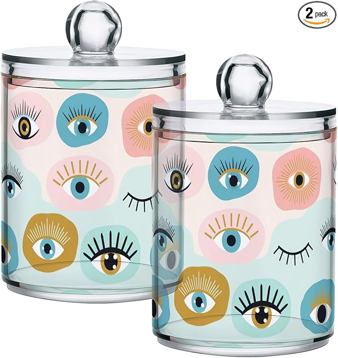 Colorful Evil Eye Bathroom Containers Holder with Lids Set Clear Jars 2 Pack Plastic Makeup Storage Organizer 4.13 x 2.75In for Pads Cotton Swabs Hair Clips