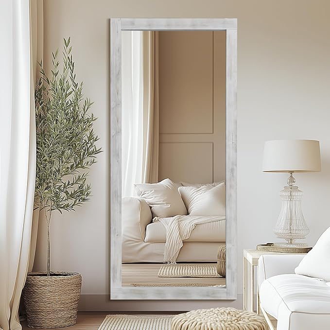 Rustic Farmhouse Full Length Mirror, 71"x32" Wood Frame Large Floor Mirror, Free Standing Leaning Hanging for Bedroom Living Room Cloakroom, Weathered White