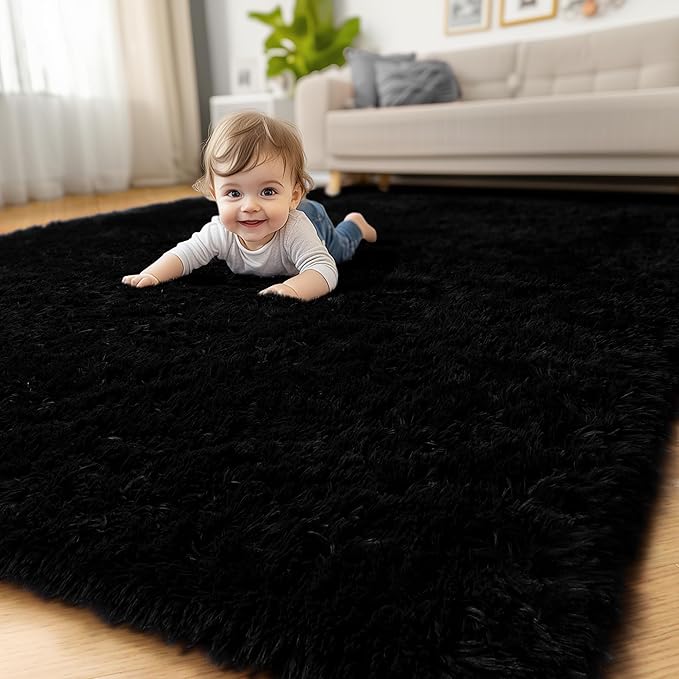 8x10 Black Rug for Living Room Bedroom, Large Big Fluffy Modern Area Rugs for Kids Room Decor Aesthetic, Shaggy Furry Floor Carpet for Dorm Office Playroom Nursery Classroom, Baby Teen Boys Men Rug