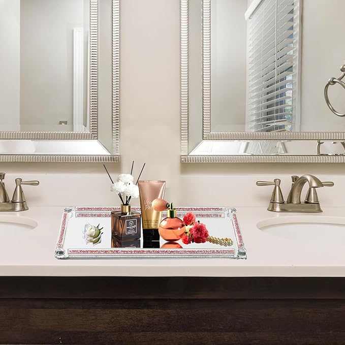 Crystal Mirror Tray, Crystal Glass Perfume Tray for Dresser Cosmetic Trinket Jewelry Vanity Trays for Display Crushed Diamond Home Decor Serving Trays for Bathroom Countertop Organizer (Rose Red)