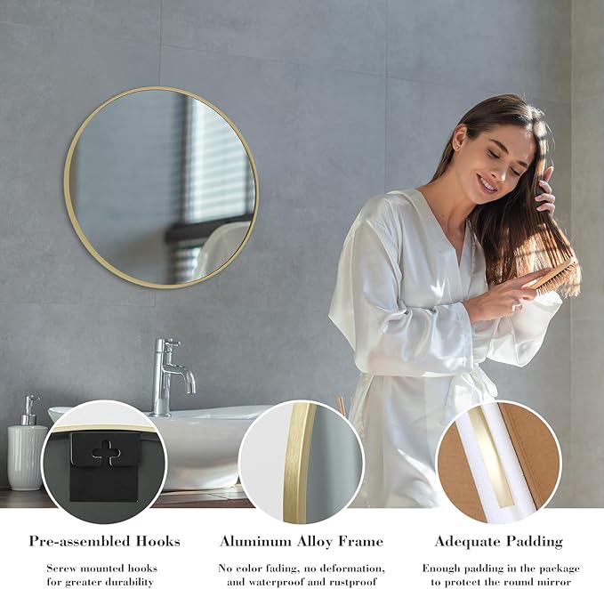 NEWBULIG Gold Round Wall Mirror 20 Inch, Bathroom Mirrors for Over Sink, Wall Decor for Bathroom, Entryway, Bedroom, Vanity