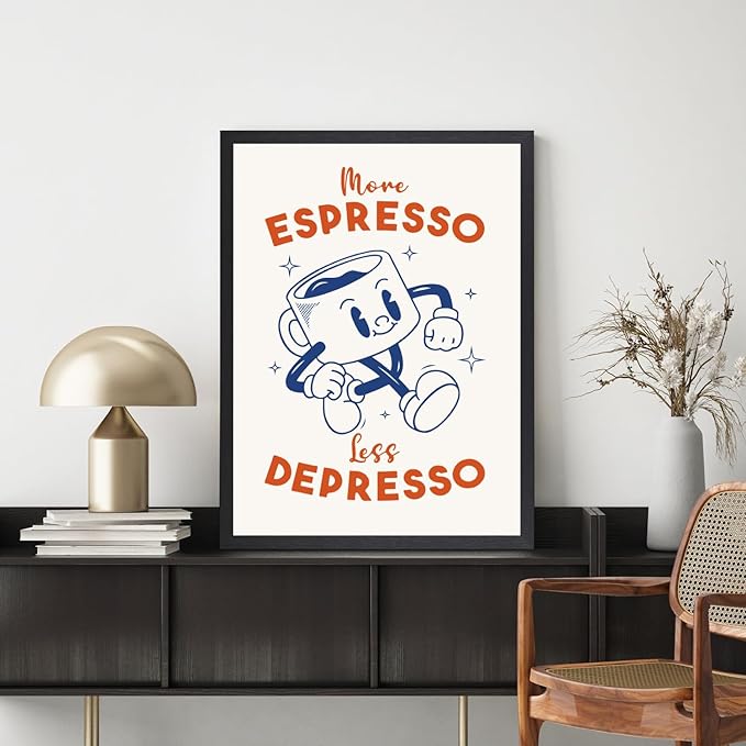 Cyebmo Black White Coffee Wall Art, More Espresso Less Depresso Wall Decor, Funny Coffee Canvas Painting, Cute Cartoon Cafe Cup Poster Print for Kitchen Office Cafe Bar, Wood Framed 16x24 Inch