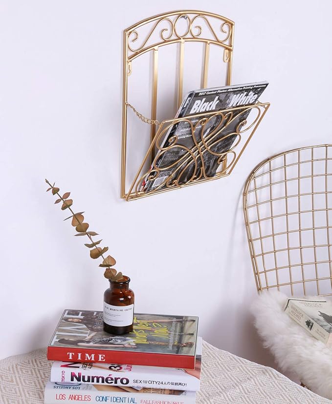 Wall Mount Magazine Holder Rack, Adjustable Hanging File Pocket Organizer with Scroll Work, Decorative Wall Storage Basket for Document, Book, Mail, Newspaper, Gold