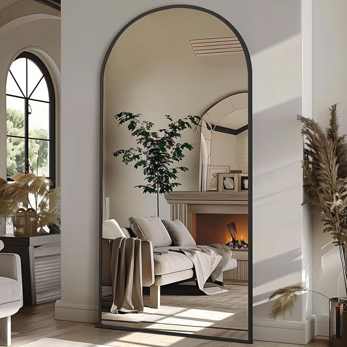 MirrMuse 76"X34" Large Arched Floor Mirror Full Length with Stand, Black Hanging or Leaning Standing Full Length Mirror for Bedroom Living Room Gym, Full Body Mirror Wall Mounted, Tempered Glass