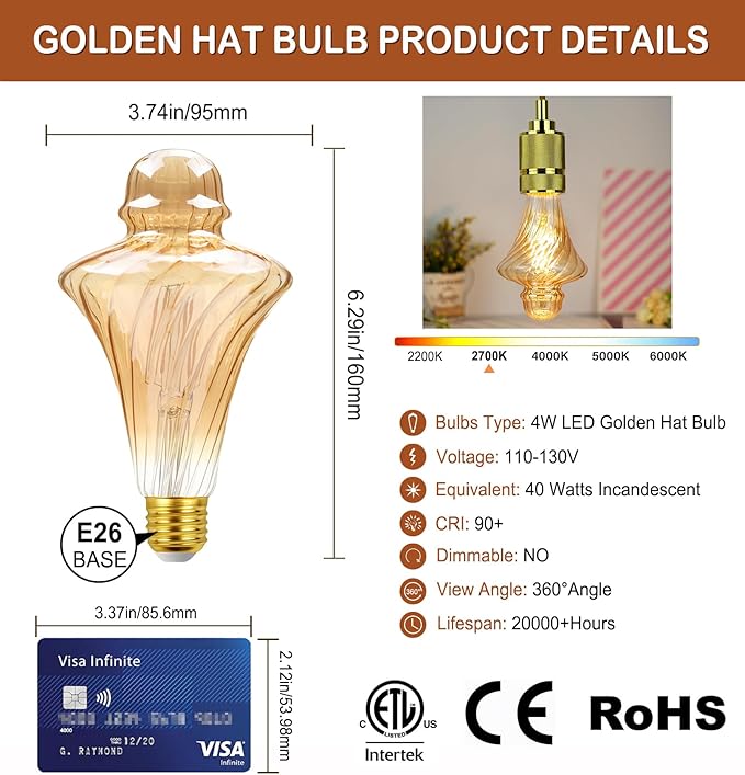 40 Watt Decorative Vintage LED Light Bulbs, Golden Hat 4W LED Filament Edison Bulb,2700K Oversized Warm Lights,Non-Dimmable E26 Lamp Base,1-Pack