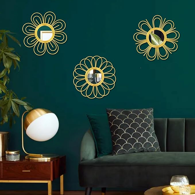 Gold Mirrors 3 Piece, 9 inch Flower-Shaped Mirror Hanging Wall Decor, Valentine Decorative Mirror Wall Art, Round Mirrors for Bedroom,Living Room,Bathroom, House Warming Valentine Gifts