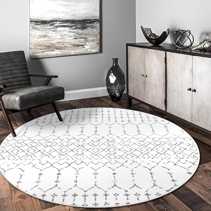 Lahome Moroccan Round Area Rug 5Ft Machine Washable Soft Round Bedroom Rugs Non-Slip Throw Round Rugs for Living Room, Modern Geometric Print Low-Pile Circle Rugs for Office Dining Room Classroom Hana