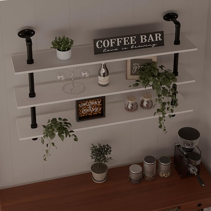HDDFER Floating Bookshel Industrial Pipe Shelving Pipe Shelves Rustic White Wall Shelves 36 Inch Farmhouse Book Shelves for Kitchen Bar,Bathroom Wall Mounted