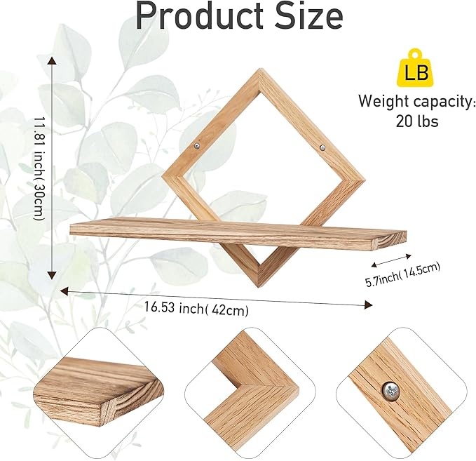 Floating Shelves for Wall,Decorative Wall Shelf,Hanging Shelf for Plants Storage Display Holder,Indoor Decor for Living Room Home Office Bathroom Bedroom,Solid Wood,Diamond Shaped,2 Pack(Wooden Brown)