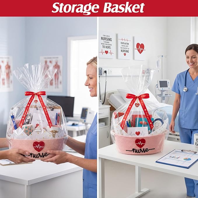 Colingmill 2026 Graduations & Nurses Week Gift Basket Empty to Fill, Woven Rope Basket 15" x 11" x 6" Decorative Storage Baskets with Gift Bag, Bow, Tissue Paper & Year Charm(Pink)