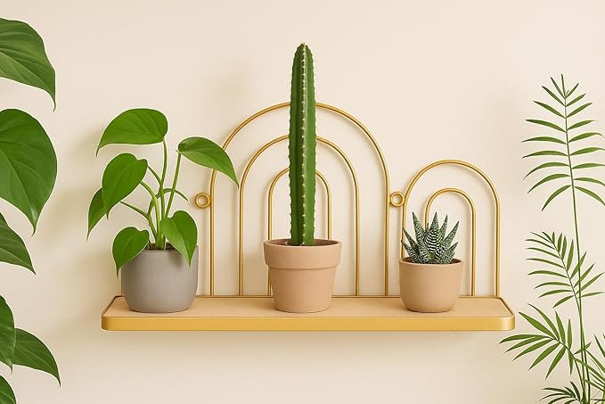 Urban Lifestyle Gold Iron Scallop Shelf, Modern Decorative Floating Wall Shelf with Wooden Base,Boho Arch Design Organizer for Living Room, Bedroom, or Office