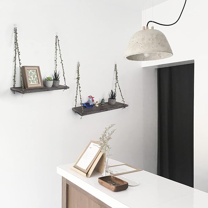MITIME Hanging Shelves for Indoor Wall and Window - Floating Wall Shelves for Plant Display, Boho Style Home Decor.(Leaf Rope, Retro Color,Large*2)