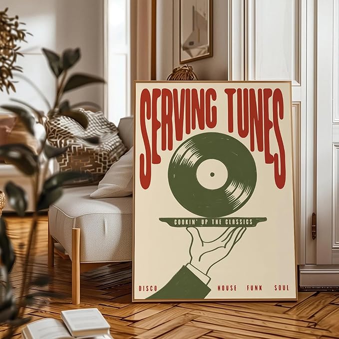 Vintage Wall Art Music Vinyl Records Canvas Poster Trendy Modern Music Wall Art Minimalist Aesthetic Prints Serving Tunes Poster Print Artwork for Bar Living Room Bedroom Home Decor, 16x24in Unframed