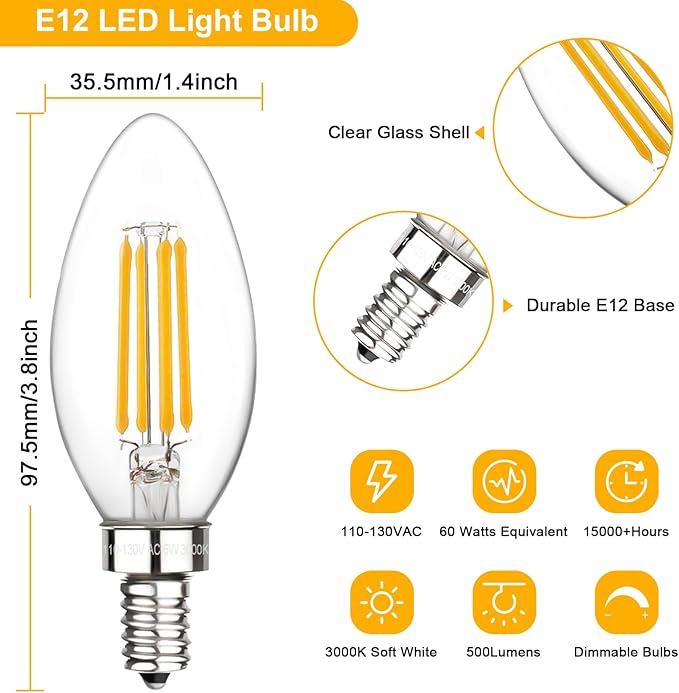 Boncoo E12 Candelabra Bulbs 60 Watt, Chandelier Light Bulbs LED Candle Bulb 3000K Soft White, B11 LED Bulb Dimmable 6W 500 Lumens Filament Decorative Small Base Clear Glass, 6 Pack