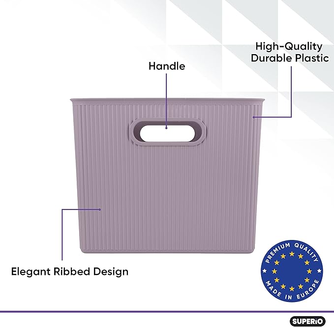 Superio Ribbed Collection - Decorative Plastic Basket Open Home Storage Bins Organizer, X-Large Lilac Purple (1 Pack) Container Boxes for Organizing Closet Storage Bins for Shelves 22 Liter/23 Quart