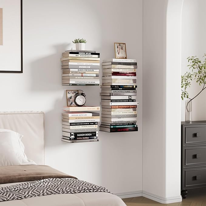 Wawocs Invisible Bookshelf for Wall, 6 Tier Floating Bookshelf Made of Heavy Duty Metal, Vertical Spine Book Tower Hanging Wall Bookshelf, Floating Book Shelves for Wall, 3 Pack White
