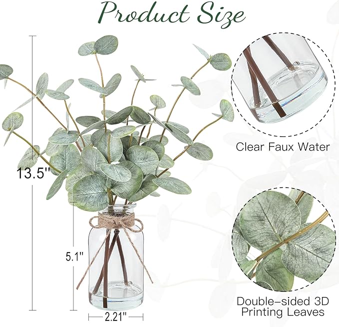 Bessol Artificial Eucalyptus Stems in Glass Vase with Faux Water, 13.5" Fake Plants for Home Decor, Coffee Table Centerpieces, Office, Bathroom & Farmhouse Weddings - Faux Greenery Plants Decorations