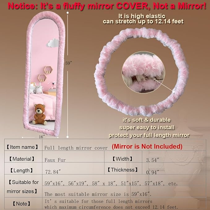 Fluffy Mirror Cover - 59"x16" Full Length Ultra Soft Non-Slip Cover Universal Stretch Cover Warm Home Decor for Bedroom Cloakroom (Pink-Without Mirror)
