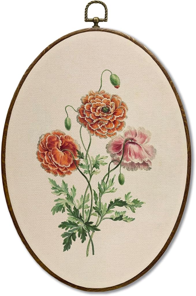 JQF Vintage Red Dwarf Double Poppy Floral Oval Wall Decor, Rustic Farmhouse Oval Canvas Wall Art, Neutral Antique Flower Framed Prints Hanging Decor for Home Bedroom Living Room, 8.5x11.5 Inch