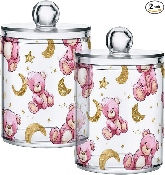 2 Pack Apothecary Jars Teddy Bear Celestial Pink Bathroom Vanity Storage Organizer Set,Small Clear Plastic Storage Jars Bathroom Canister for Cotton Swabs, Rounds, Balls, Qtips,Makeup Sponges,