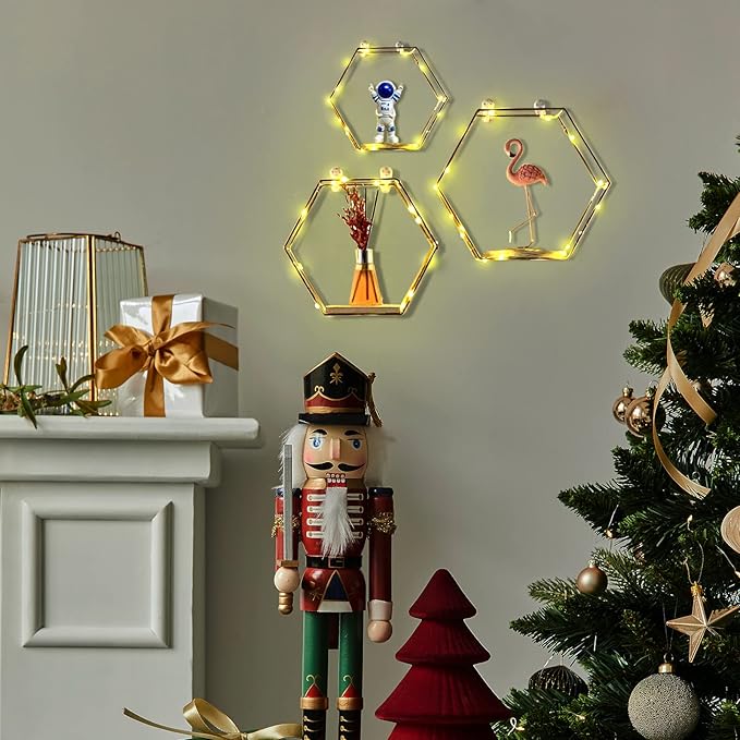 Liywall - Hexagon Floating Shelves Wall Decor, Gold Metal Wire and Wood Wall Mounted Storage Shelf Home Decorations Art for Bedroom Living Room Kitchen Bathroom, Set of 3 with LED Lights