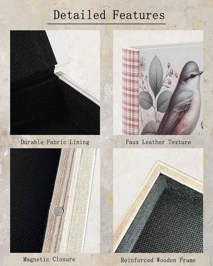 Decorative Wooden Book Box - Vintage Faux Book Boxes for Home Decor, Secret Storage with Magnetic Closure, Antique Style, Bird Pattern Leather Cover, Perfect for Home Office Bookshelf 10x7x1.6 Inches