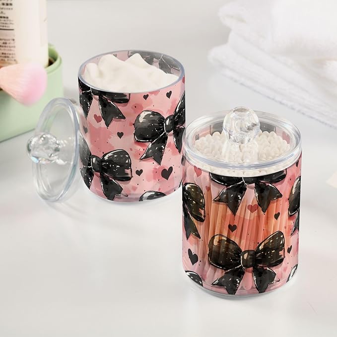 4 Pack Qtip Holder Dispenser Black Bow Heart Pink Cotton Ball Cotton Swab Round Pads Floss Clear Bathroom Storage Containers Plastic Apothecary Jars with Lids