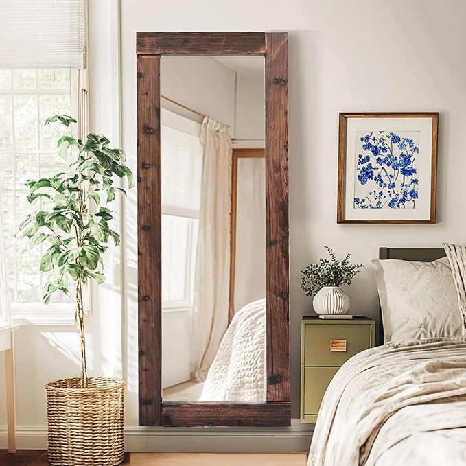 Full Length Mirror 65"x24" – Solid Wood Frame, HD Tempered Glass, Wall Mounted & Leaning, Rustic Modern Decor for Bedroom, Living Room, Entryway, Brown