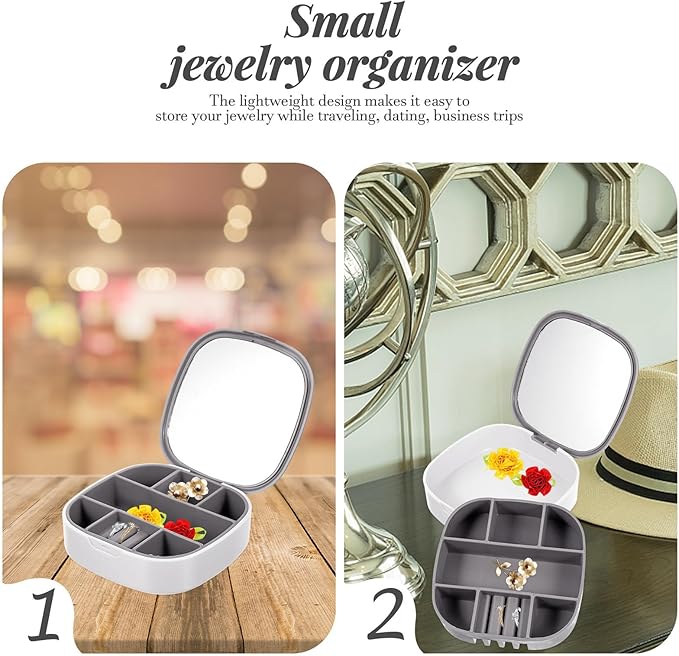 Baluue Travel Jewelry Box Organizer with Mirror, Portable Necklace Ring Earring Storage Case, Gray White Jewelry Display and Makeup Organizer for Outdoor Use