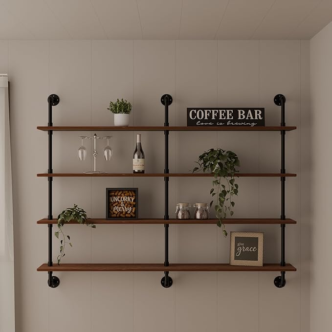 HDDFER Floating Shelves for Wall Bookshelf Industrial Pipe Shelving Shelves 60 Inch Natural Wood Planks Rustic Wall Shelves Hanging Bookshelves Farmhouse Kitchen Shelving