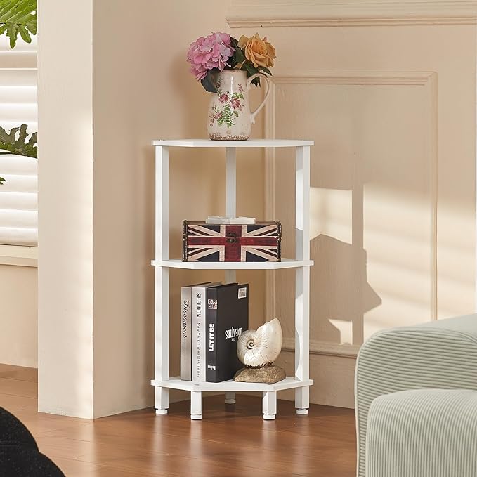 YUFAM 3-Tier Corner Shelf with Sturdy 5-Leg Base, 30in Tall Narrow Bookcase for Small Spaces, Wooden Plant Display Shelf, Thin Bookshelf for Living Room, Bedroom, Office, White