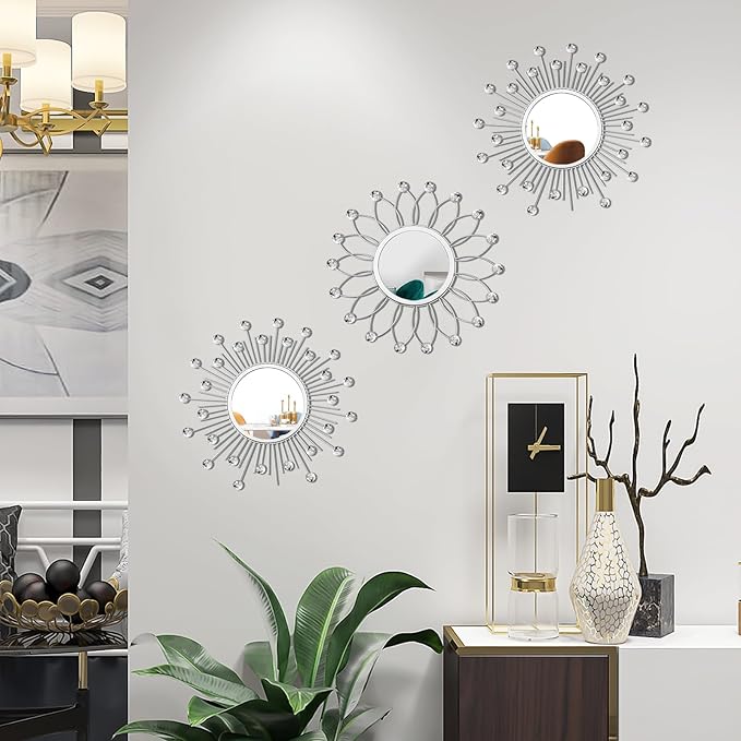3 Pack Metal Mirrors for Wall Sunburst Wall Mirrors Home Décor Decorative Hanging Wall Art for Living Room Bedroom Entryway (Silver Crystal, Flower+Sunburst)