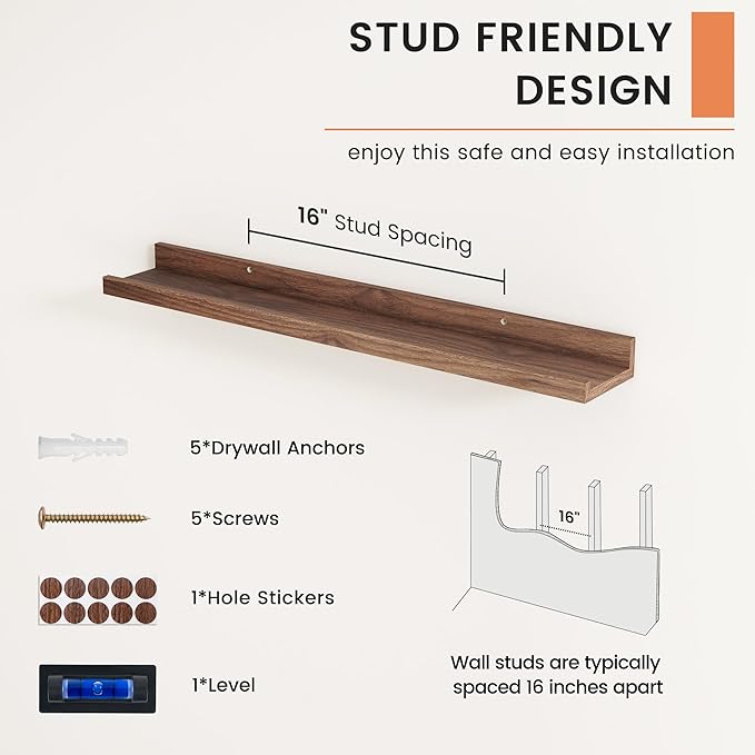 FLYJOE Picture Ledge Shelf, Floating Shelves Set of 2, 30 Inches Nursery Book Shelves for Toys Storage, Kids Bookshelf Wall Mounted for Living Room Bedroom Decor Books Photo Frames, Walnut