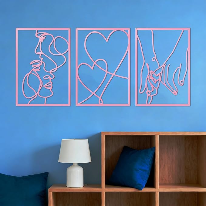 ESTART 3 Pieces Metal Minimalist Line Wall Art, Valentine's Day Lover Kiss Hand Metal Wall Decor, Aesthetic Modern Home Hanging Wall Art Decor for Bedroom Living Room (Pink)