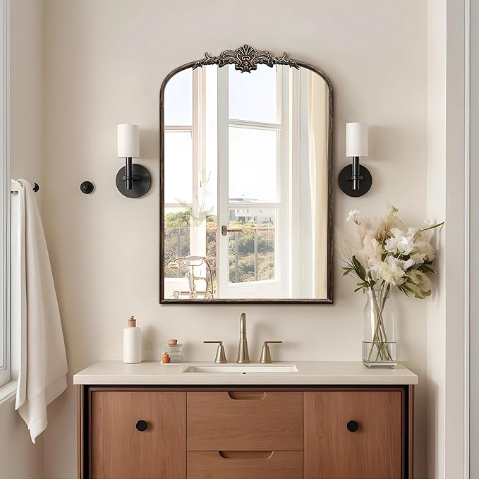 Besdomus Antique Large Arched Mirror: 24"x36" French Arch Black Vintage Vanity Wall Mounted Mirror - Traditional Ornate Home Decor for Entryway/Fireplace/Bathroom/Bedroom - Idea for Young Couples