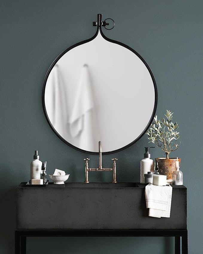Kate and Laurel Yitro Round Industrial Modern Metal Framed Wall Mirror, 23.5x28.5, Black