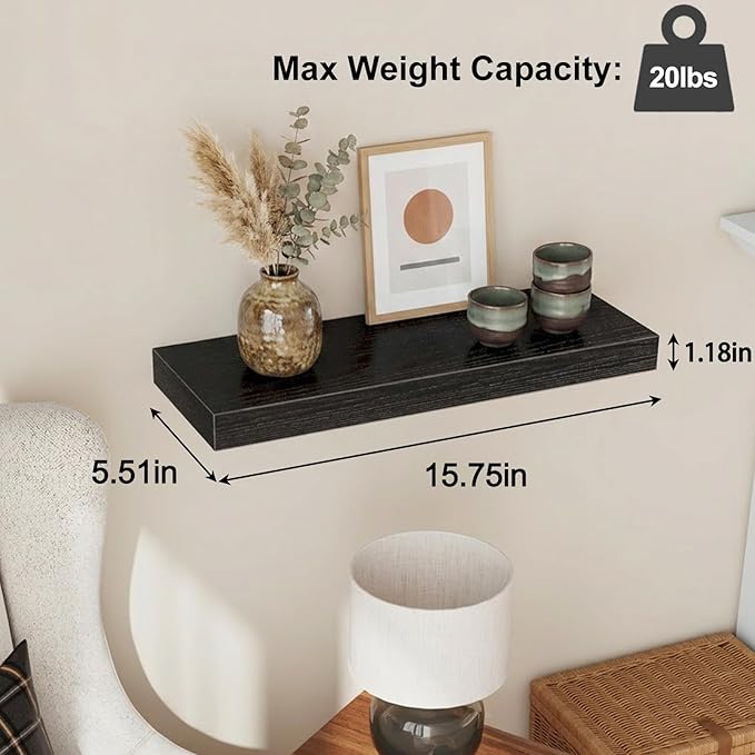 Fixwal Black Floating Shelves for Wall, Rustic Wood Shelves for Bathroom, Living Room, Bedroom and Kitchen, Wall Shelves for Storage, Books, Room Decor (Set of 4, 15.8 Inch)