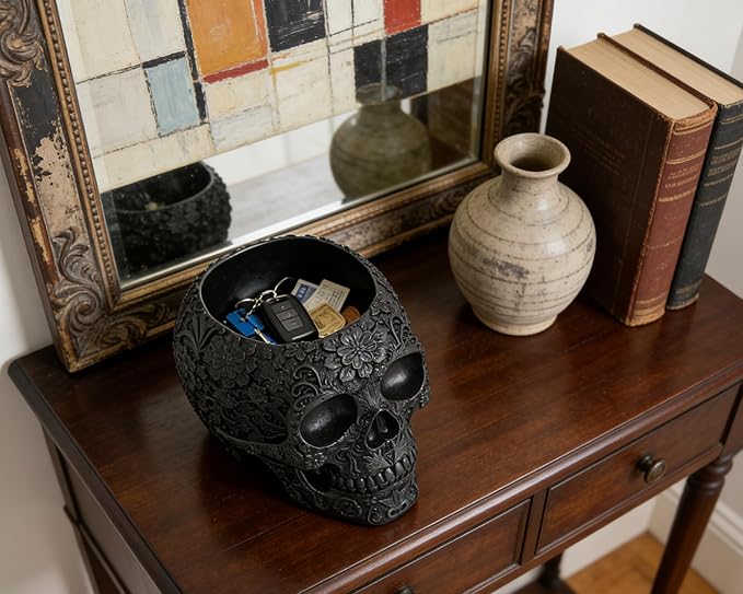 Skull Bowl Decorative Skull Vase Makeup Brush Pen Holder Organizer Dresser Gothic Table Organizer Decoration, Black Skull Pot Enthusiasts Gifts