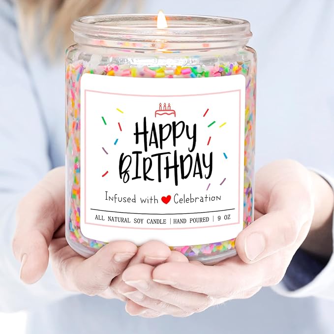 Homsolver Happy Birthday Gifts for Women Men, Vanilla Cream Scent with Sprinkles Candy Birthday Candles, Unique Best Friend Idea Gifts, Handmade Candle Decor
