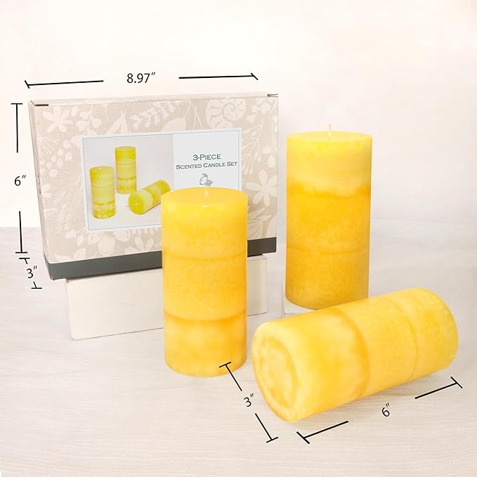 3 x 6 Inches Pillar Candles Lemon Scented Yellow Decorative Rustic Candles Citrus Scent Clean Burning Hand-Poured Large Candles Decorative for Home Aesthetic Relax Spa Bathroom