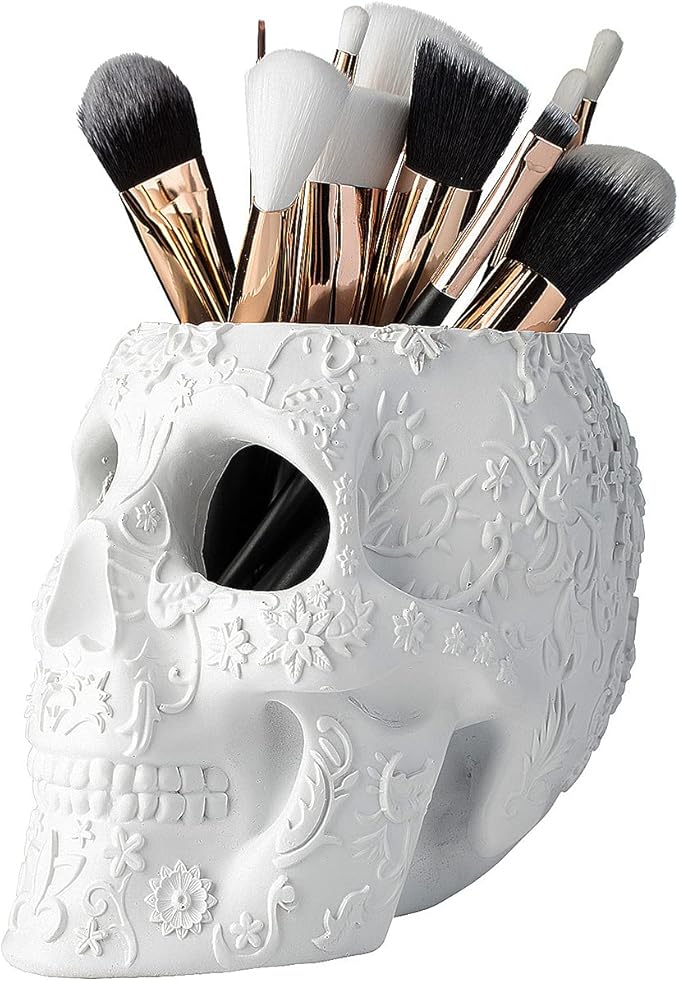 Skull Makeup Brush, Candy Bowl & Pen Holder, Bowl, Spooky Goth Decorations, Extra Large, Strong Resin, Skeleton Skulls and Bones Organizer Bathroom Trick Or Treat Decor by Gute (White)