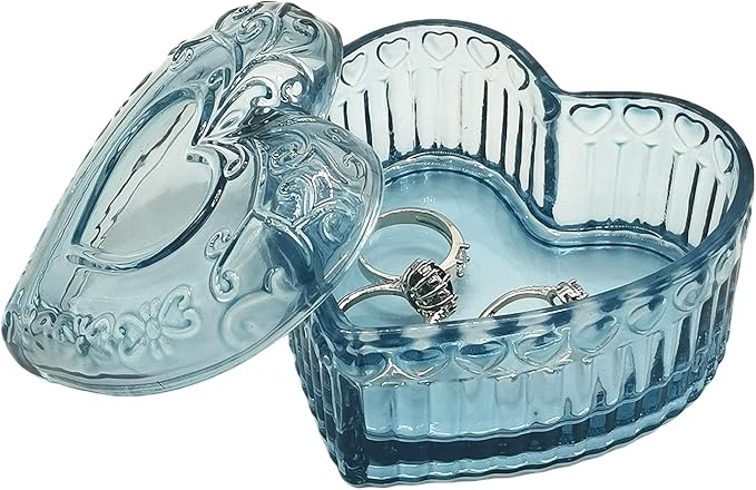Glass Jewelry Box Heart Shape Cute Box for Storage Ring Earring Trinket Vintage Jewelry Organizer Decorative Gift for Women Girls-GRB003-Dark Blue