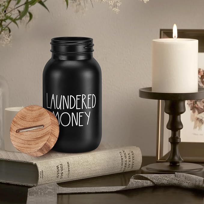 Laundry Room Decor & Organization - Premium Matte Black Glass Coin Bank with Wood Lid - Rustic Farmhouse Money Jar for Loose Change - Funny Laundered Money Tip Jar & Shelf Accessories