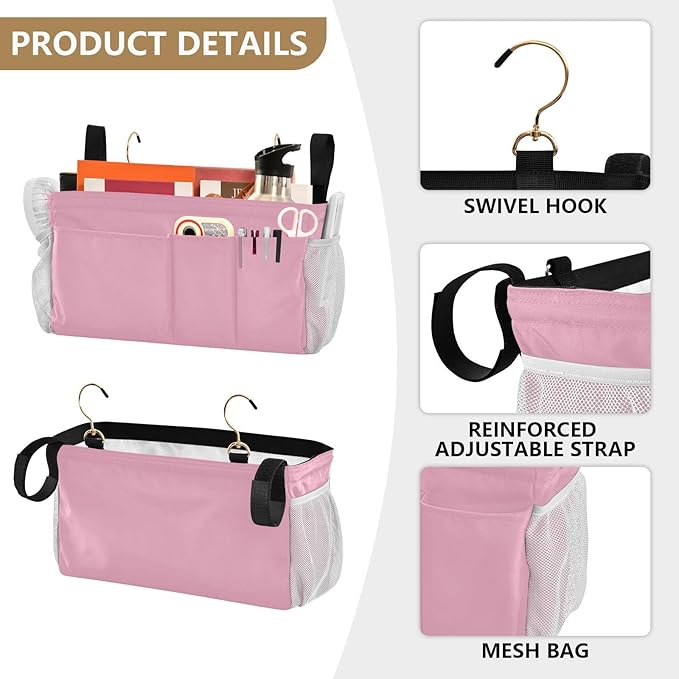 Rose Red Bedside Caddy Storage Bag Bedside Organizer for Dorm Room Top Bunk Bed Hanging Storage Organizer 6 Pockets with Hooks for Book Glasses Phone Holder