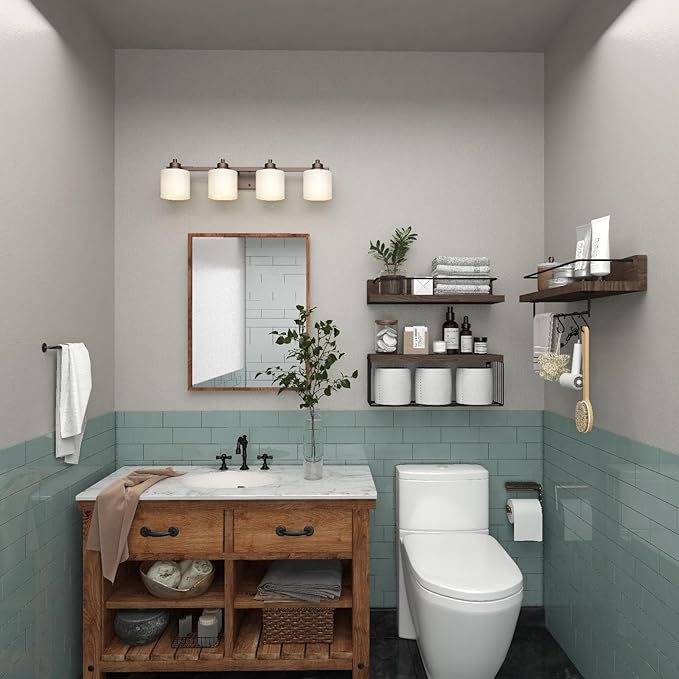 PopiShelves Bathroom Shelves Over Toilet for Wall, Floating Shelves with Storage Basket Paper Holer for Kitchen Living Room, Bedroom & Classroom, Set of 3 (Dark Brown)