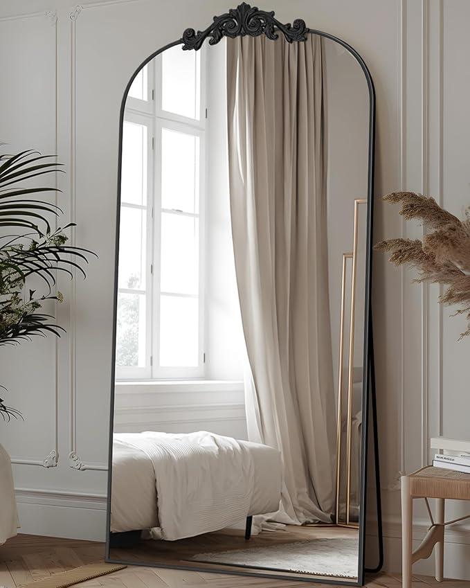Antok Arched Full Length Mirror, 71"x28" Floor Mirror with Carved, Full Body Mirrors for HomeDecor, Standing/Halling Large Wall Mirror for Bedroom, Living Room, Cloakroom, Black, Retro Style