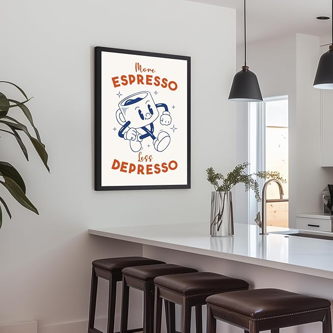 Cyebmo Black White Coffee Wall Art, More Espresso Less Depresso Wall Decor, Funny Coffee Canvas Painting, Cute Cartoon Cafe Cup Poster Print for Kitchen Office Cafe Bar, Wood Framed 16x24 Inch