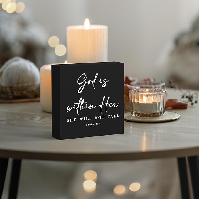 God Is Within Her Bible Verse Artwork Black Wood Box Sign Rustic Farmhouse Style Psalm 46 : 5 Christian Wood Block Plaque 5 X 5 Inches Home Office Desk Sign Decor for Presents